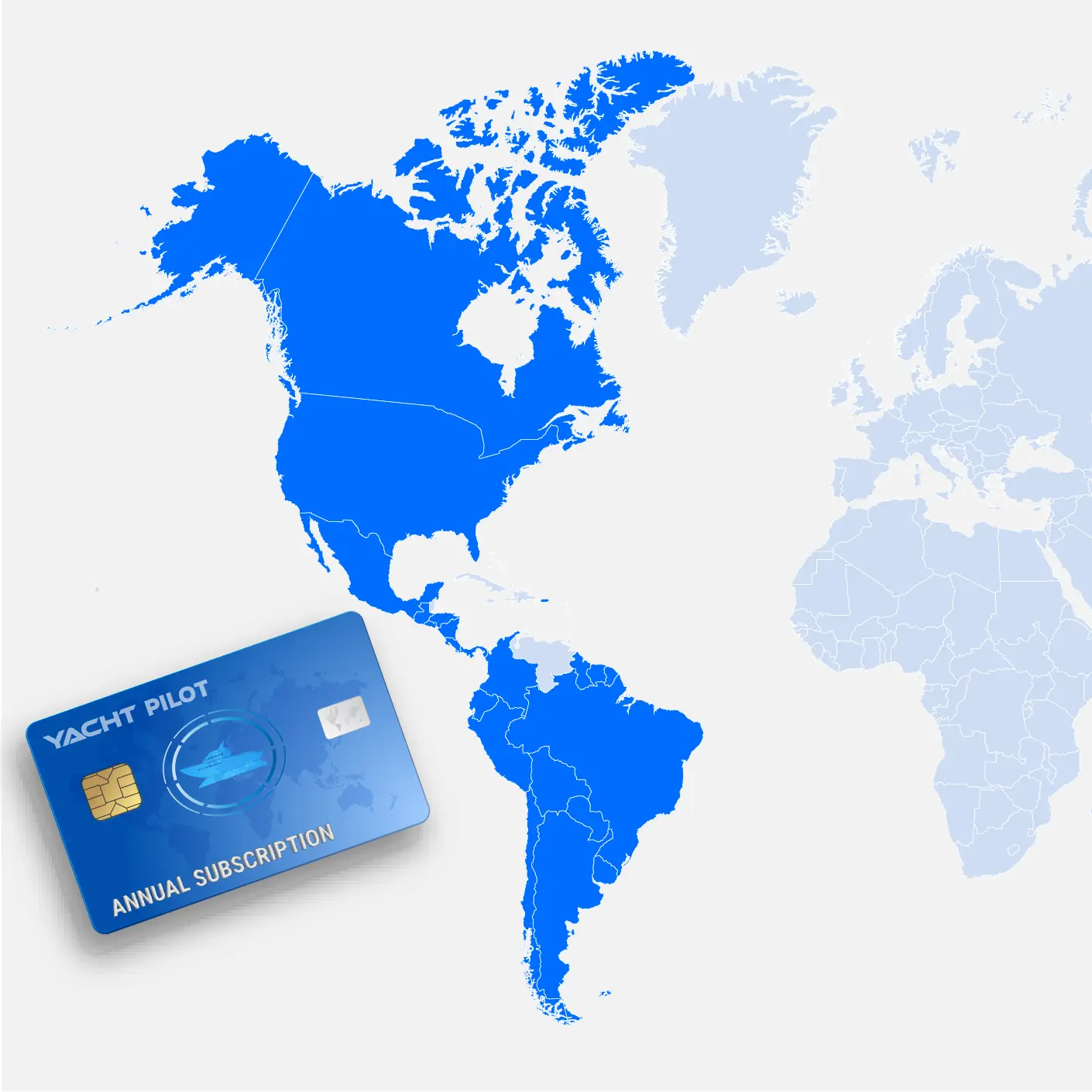 YachtPilot Annual Subscription card overlaid on a world map, highlighting data coverage across 21 countries in the Americas. The blue-shaded regions indicate the available coverage area for boat connectivity.