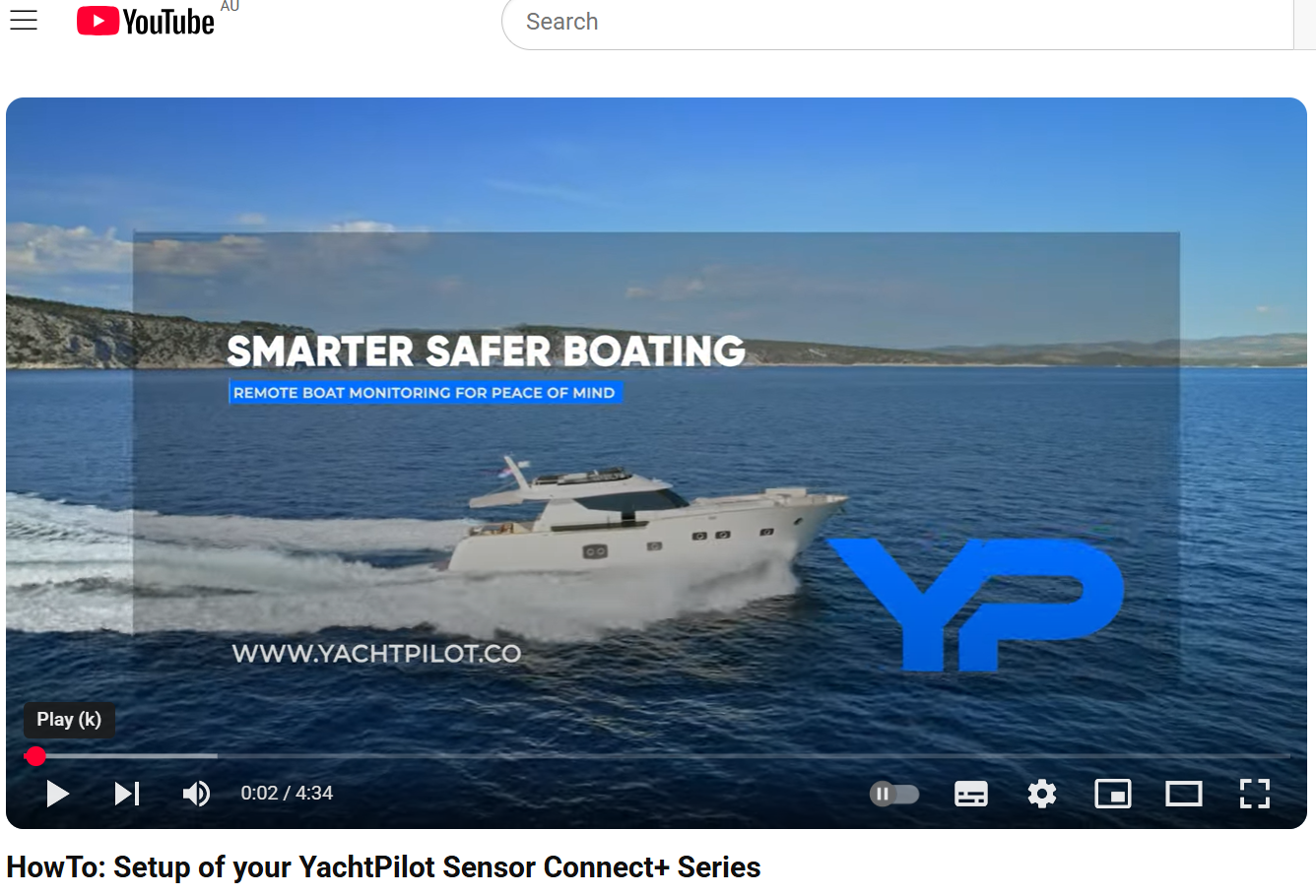Screen grab of the intro to one of YachtPilot's YouTube tutorials. The central image is of a motor yacht travelling out to sea in calm waters, with the sun shining. 