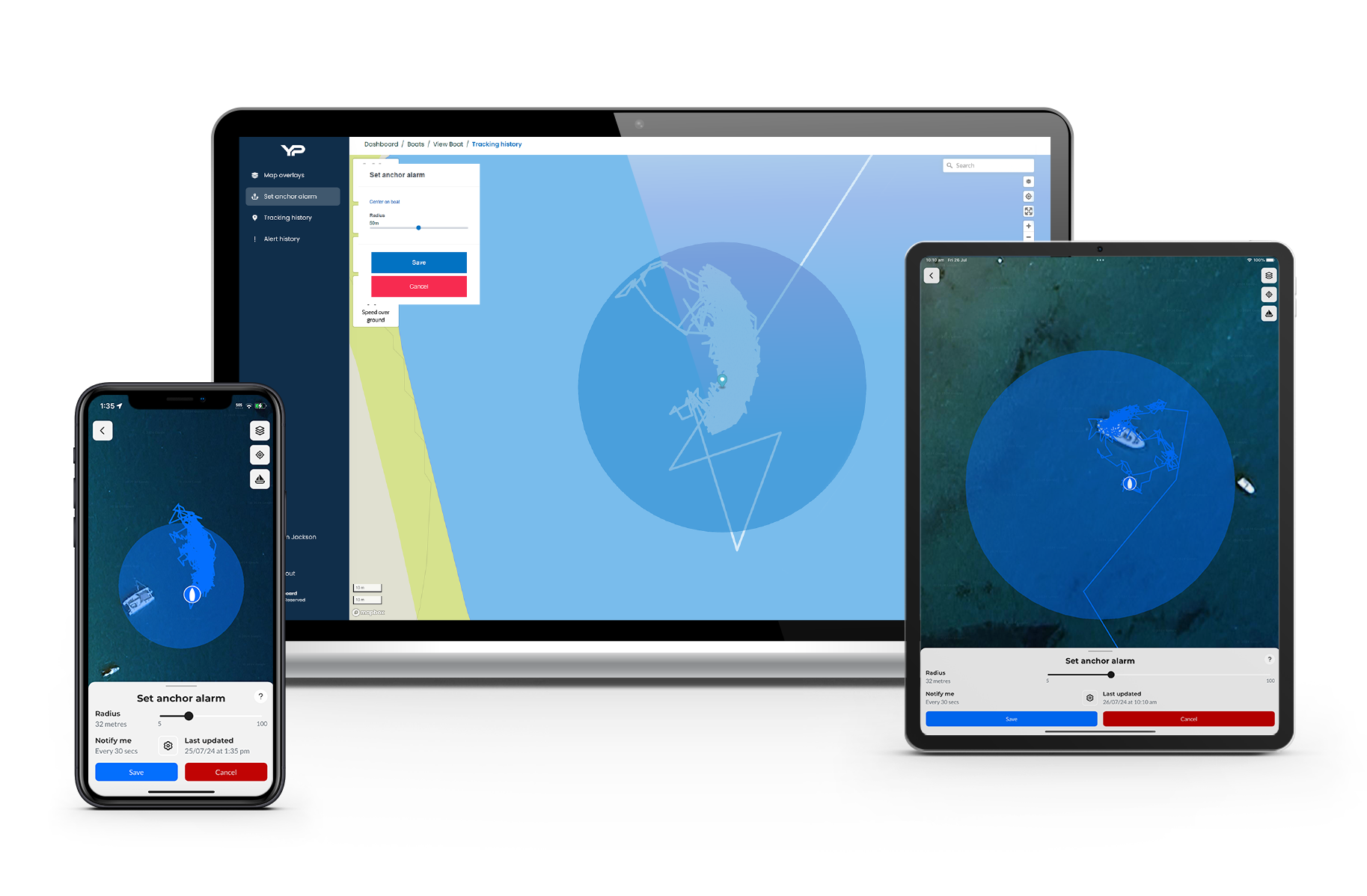 multiple devices displaying the anchor alarm page on the Yacht Pilot app. 