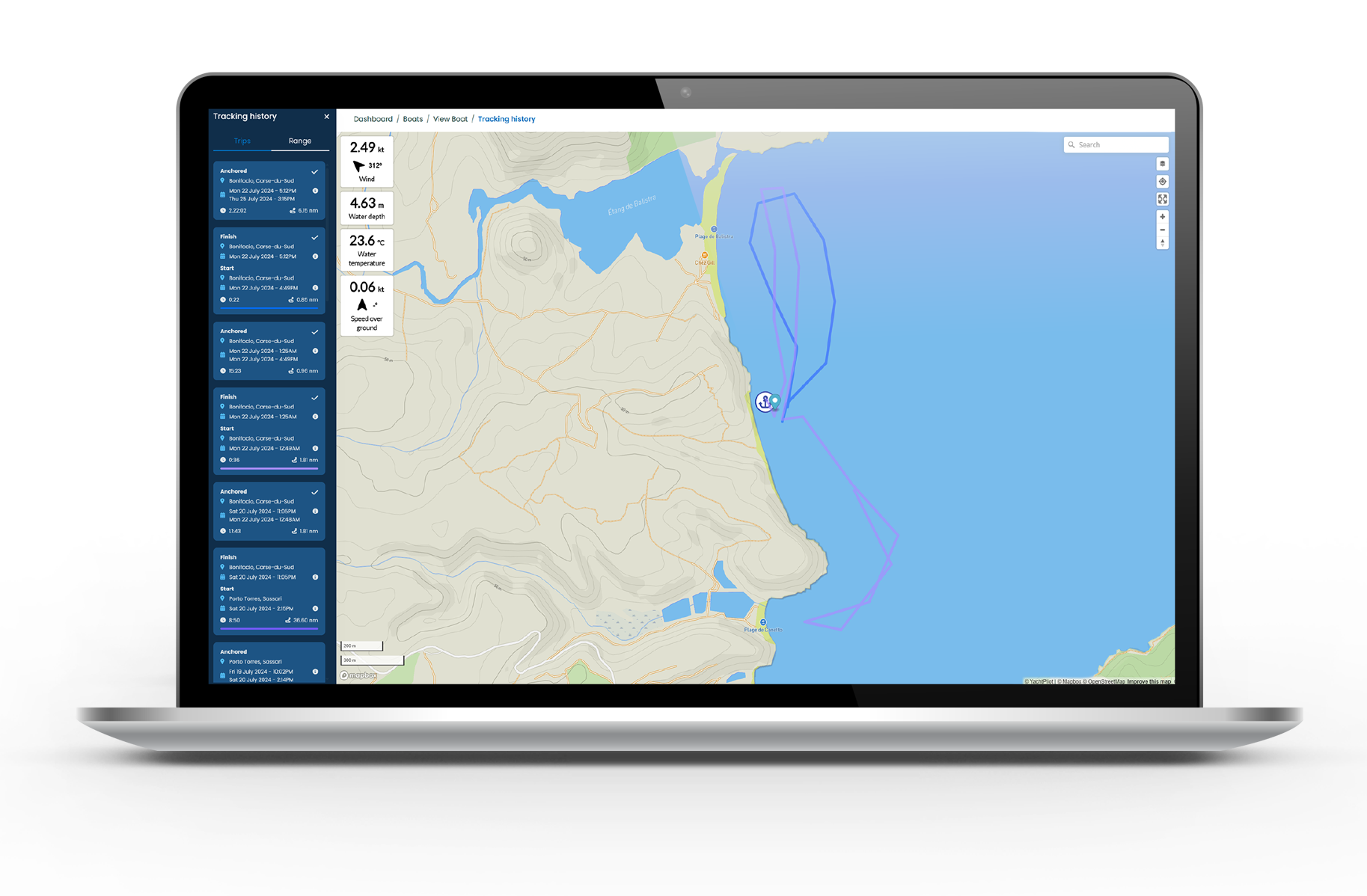 Multiple trip logs in the Yacht Pilot app visualised as a list and rendered on a map. 