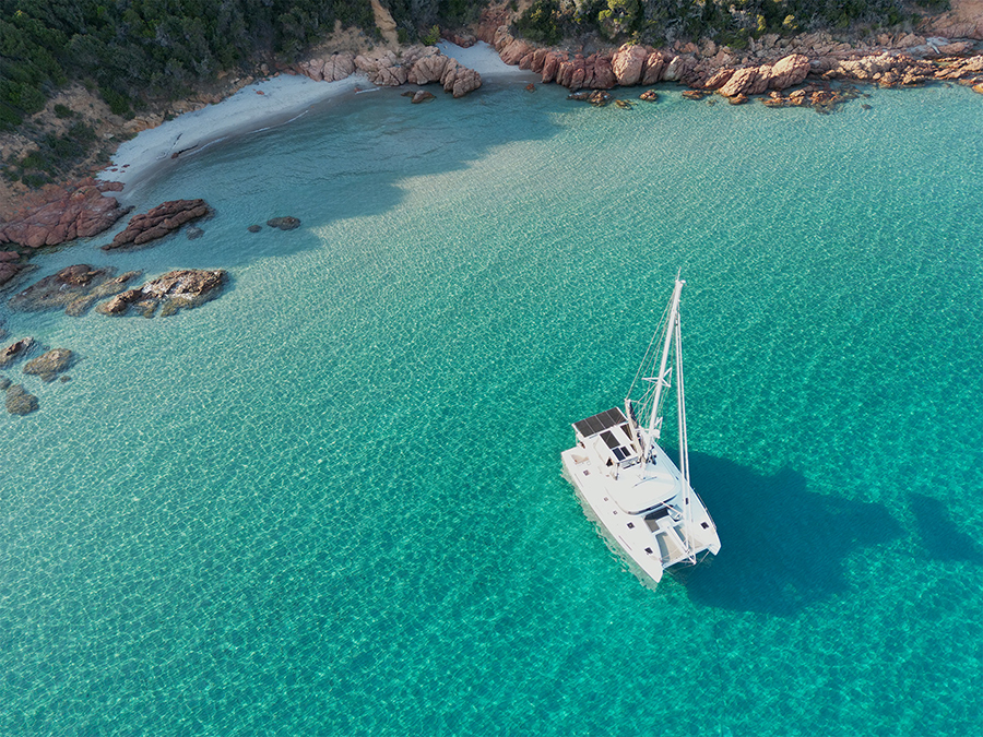 aerial shot of Founders' vessel in turquoise waters