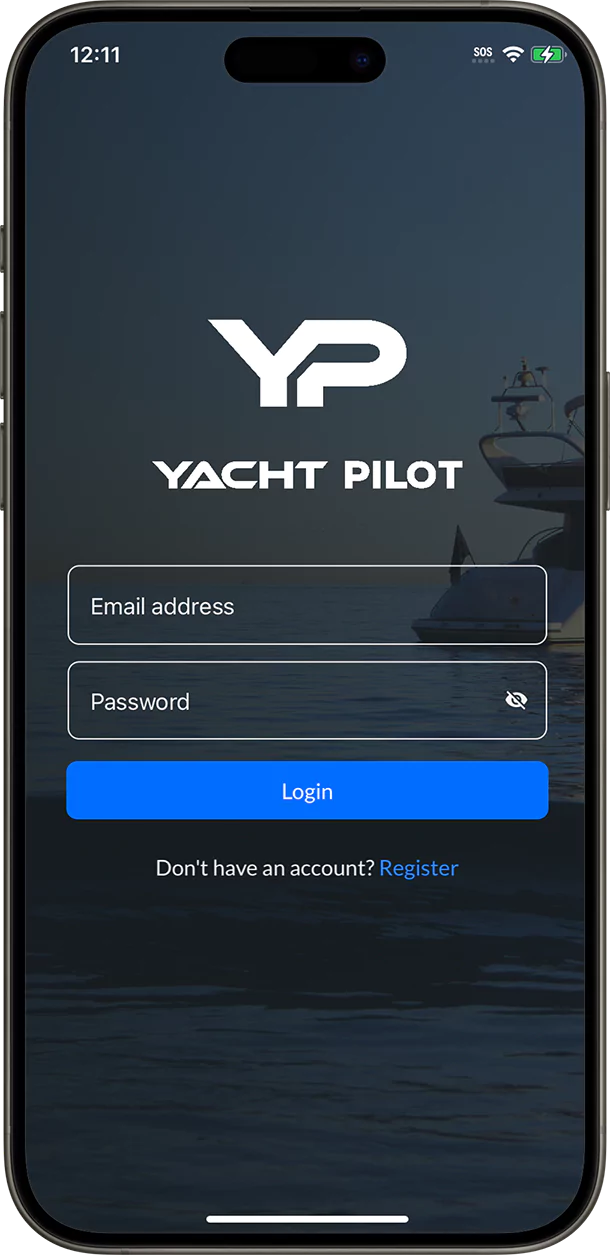 Yacht Pilot login screen on mobile depicts field boxes for login details overlay a motor yacht anchored in calm seas with a setting sun and horizon on the distance. 